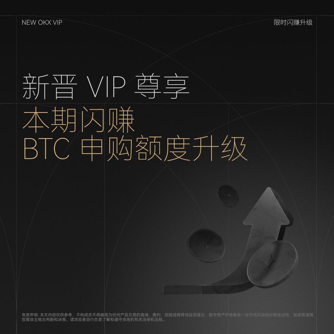 A dark promotional graphic from OKX announces "新晋VIP尊享 本期闪赚 BTC申购额度升级" (Newly Promoted VIP Exclusive: This Round's Flash Earn BTC Subscription Quota Upgraded), with "NEW OKX VIP" and "限时闪赚升级" labels in the corners. The design features a stylized 3D upward arrow and falling coins against a black background, visually reinforcing the post's message about increased BTC staking subscription limits for new VIPs.
