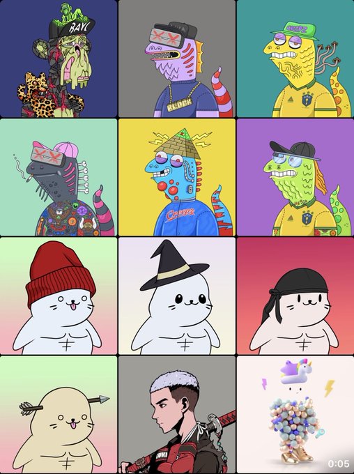 A grid of 12 NFT-style cartoon character portraits featuring various stylized avatars including dinosaurs, ghosts, and anime-inspired figures on colorful gradient backgrounds, with a '0:05' video timestamp.