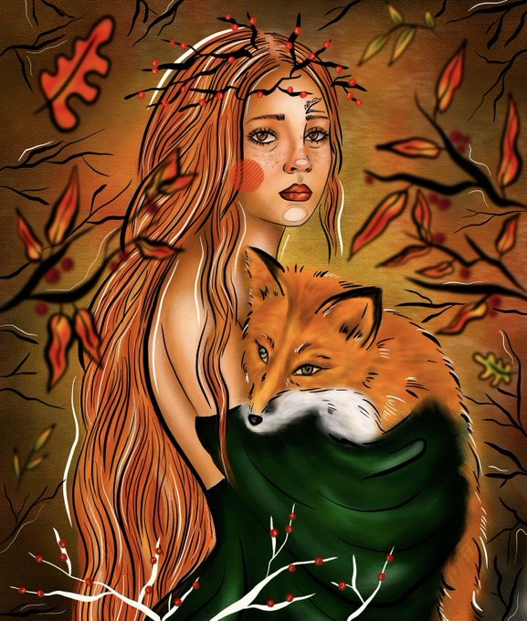A digital illustration depicts a pale young woman with long flowing reddish hair, a crown of thorns, and a dark mark on her forehead, tenderly holding an orange fox.
