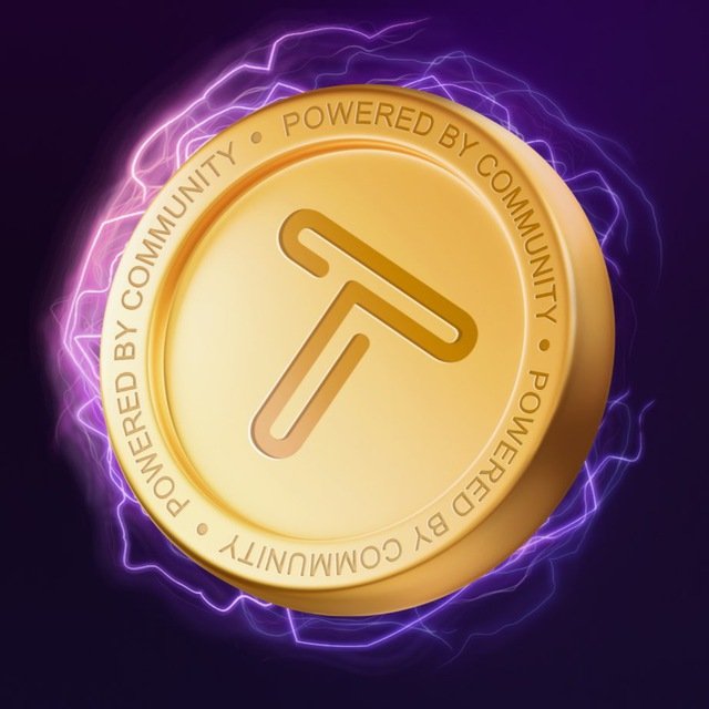 A 3D rendered golden coin featuring an upward-pointing arrow logo, with the text "POWERED BY COMMUNITY" repeated around its edge, surrounded by glowing purple electric energy on a dark background.