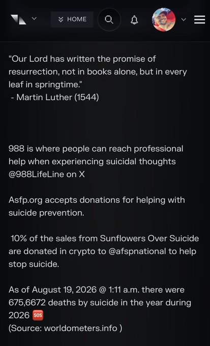 A website screenshot featuring a quote by Martin Luther (1544) about resurrection, followed by suicide prevention resources including @988LifeLine and Afsp.org, with a worldometers.info statistic showing 675,6672 deaths by suicide in 2026.