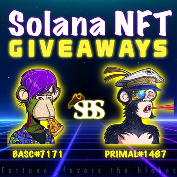 A retro-styled promotional graphic announcing a Solana NFT giveaway featuring two cartoonish ape characters labeled "BASC#7171" with zombie skin and "PRIMAL #1487," flanked by the "SBS" (Sol Bloke Society) logo and the tagline "Fortune favors the blokes" against a neon grid background.