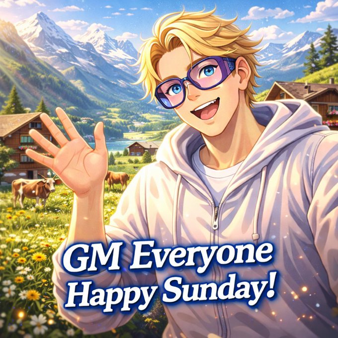 An anime-style illustration of a blonde boy waving cheerfully in a Swiss alpine setting with cows and mountains, captioned 'GM Everyone Happy Sunday!'.