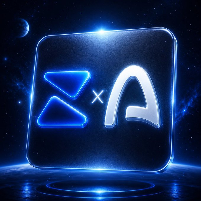 A glowing 3D rendered icon displaying a blue triangular logo and a white 'A' symbol separated by an 'x', set against a dark cosmic background with stars and a planet.