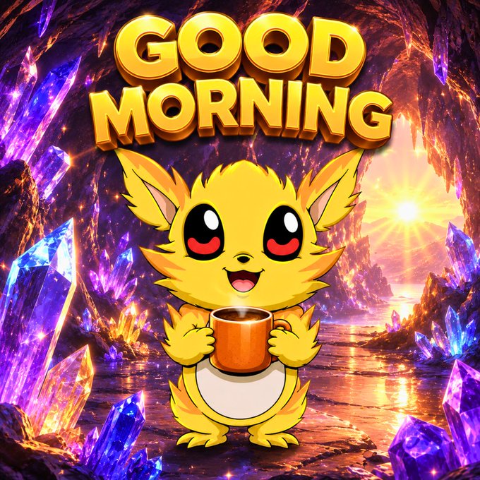 A cute yellow chibi-style fox-like creature holds a steaming coffee mug in a glowing crystal cave, with 'GOOD MORNING' in bold gold letters above.