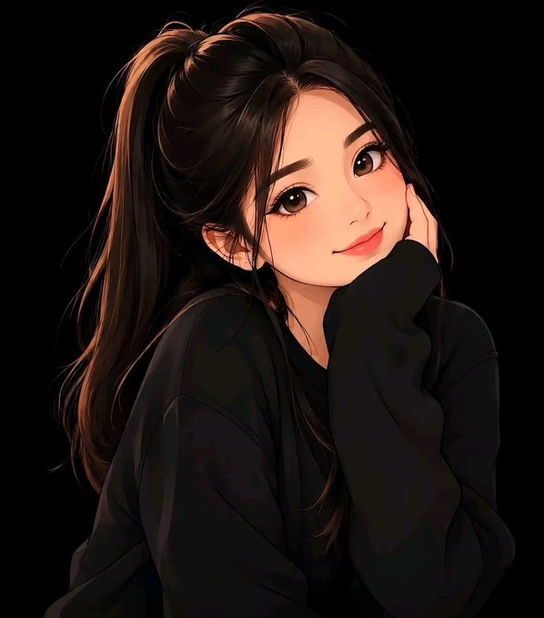An anime-style illustration of a young woman with long brown hair in a ponytail, wearing a black shirt, resting her hand on her cheek and smiling.
