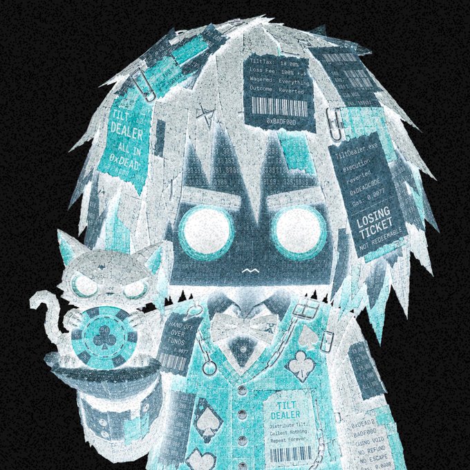 A chibi-style anime illustration of a white-haired character with glowing eyes holding a cat, rendered in a glitchy, blue-teal ticket/receipt aesthetic with repeated text including "TILT DEALER - ALL IN", "LOST TICKET", "HAND LIFE OVER +1/UN0S", and various barcodes scattered throughout.