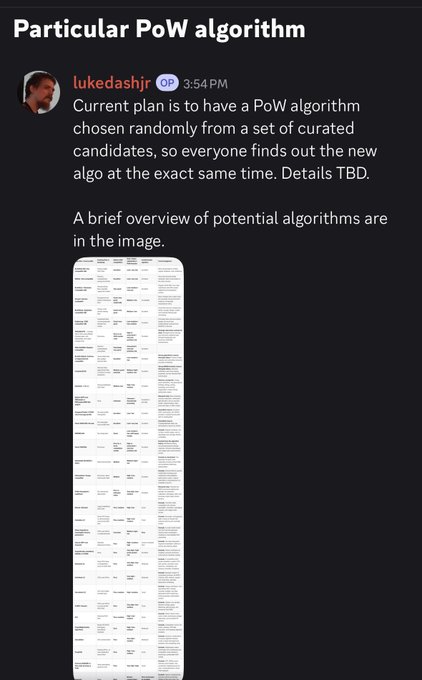 A Discord message from user 'lukedashjr' titled 'Particular PoW algorithm' explaining that the current plan is to have a PoW algorithm chosen randomly from a set of curated candidates, accompanied by an attached image of a long list of algorithms.