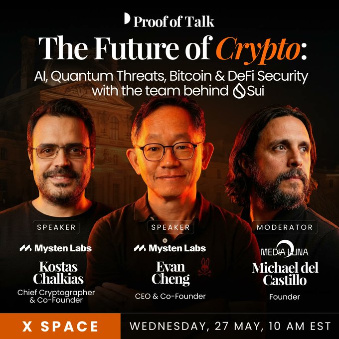 The image features three men standing next to each other against a dark background. They are all smiling for the camera, appearing to be at an event or gathering related to crypto security. The text in the image reads "The Future of Crypto: AI, Quantum Threats, Bitcoin & DeFi Security with the team behind Sui".