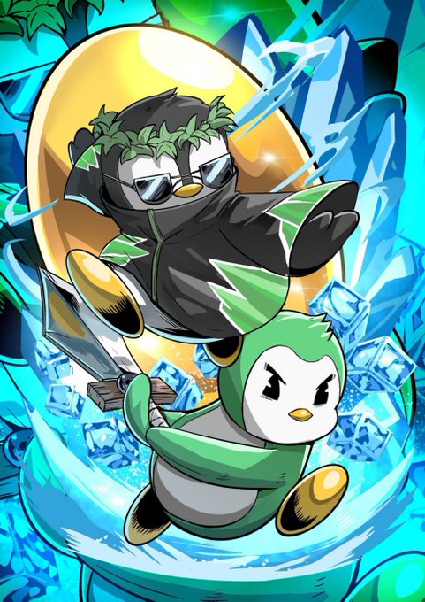 An anime-style illustration shows a penguin character with sunglasses, a laurel wreath, and a black cloak riding on the back of a smaller penguin warrior holding a sword, surrounded by blue water and ice crystals.