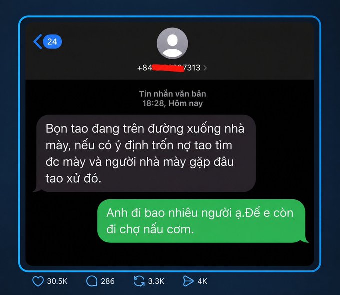 A social media post showing a text message conversation in Vietnamese containing a threatening message from one user to another, with the second person casually asking how many people are coming.