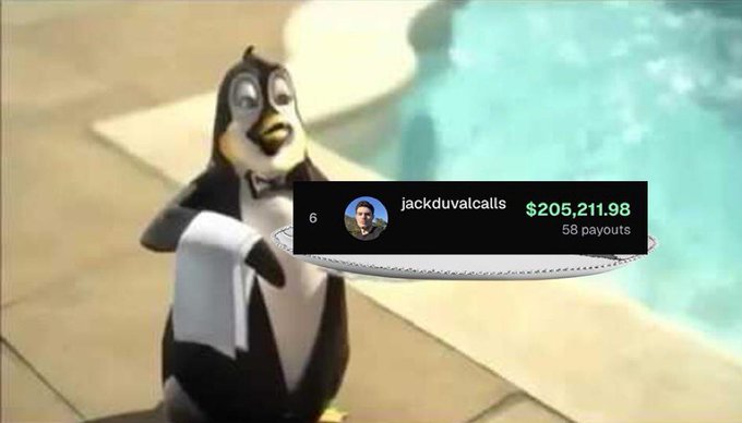 A penguin butler character from a kids' movie holds a silver tray displaying a payout notification of "$205,211.98" from user "jackduvalcalls" with 58 payouts, alongside the caption "Penguin Butler. @Pumpfun" suggesting a meme celebrating large earnings on the Pump.fun platform.