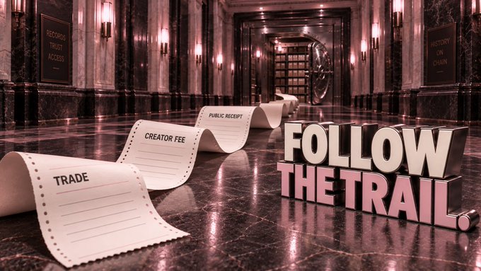 A conceptual 3D render showing a marble hallway with 3D text reading 'FOLLOW THE TRAIL' and a paper receipt trail labeled with 'TRADE', 'CREATOR FEE', and 'PUBLIC RECEIPT', alongside a vault door marked 'HISTORY ON CHAIN' and 'RECORDS TRUST ACCESS'.
