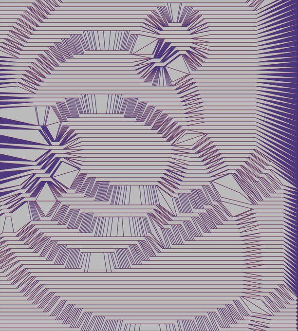 An abstract geometric artwork featuring purple linear patterns on a white background, creating an optical illusion of a receding, structured tunnel or pathway.