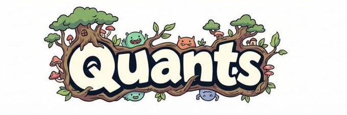 A whimsical, nature-themed logo for 'Quants' featuring the word embedded in tree branches with cute cartoon creatures, mushrooms, and leaves surrounding it.