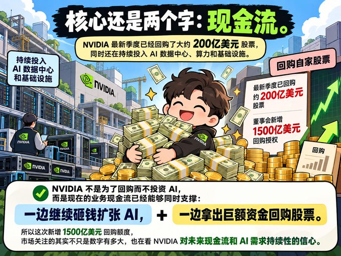 A Chinese-language infographic about NVIDIA's quarterly performance, highlighting $20 billion in stock buybacks and $150 billion in new buyback authorization, with the headline '核心还是两个字：现金流' (The core is still two words: cash flow).