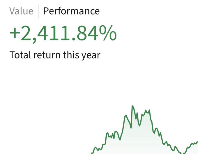 A financial performance chart shows a value return of +2,411.84% year-to-date, paired with a green line graph depicting a sharp rise, a peak, and subsequent decline—visually illustrating the poster's point that despite the recent AI sector crash in July, their portfolio remains massively in the green.