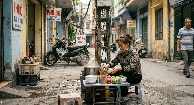 A street vendor prepares pho on a small folding stool in a narrow Vietnamese alley lined with "PHỞ BÒ" and "BÁNH DA CÁ" signs, while an older man walks past in the background.

The image connects to the post's message about the importance of stable fiat income: just as this vendor earns her daily living through humble, real-world labor that keeps her grounded and free from financial desperation, having a solid off-chain salary provides the psychological stability needed to make rational decisions—whether holding or cutting losses—on-chain.