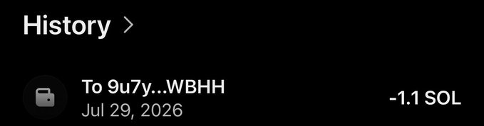 This image shows a "History" log with a transaction to wallet address "9u7y...WBHH" on "Jul 29, 2026" for "-1.1 SOL". The accompanying post suggests this is a notification of an upcoming transaction, possibly a giveaway, asking users to drop their SOL addresses.