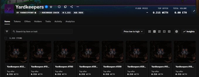 A screenshot of OpenSea showing the "Yardkeepers" NFT collection page with a floor price of 0.215 ETH and top offer of 0.215 ETH, displaying 3,333 items in the collection—visually confirming the 0.215 ETH offer price mentioned in the post about the $Yard token's growing FOMO.