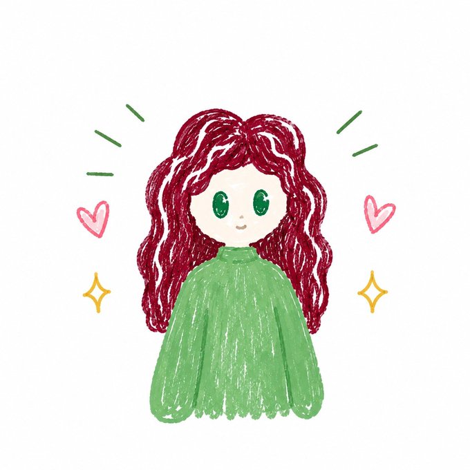 A simple crayon-style drawing of a figure with long red hair, big green eyes, and a green dress, surrounded by small drawn hearts and sparkles on a white background.