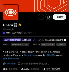 Linera (@linera_io) social media profile described as a 'Next-generation blockchain for real-time, gamified markets,' with 585 following, 368.5K followers, and a Joined date of December 2021.