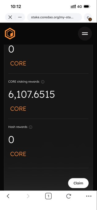 A mobile screenshot of stake.coredao.org displays CORE staking rewards of 6,107.6515 CORE and Hash rewards of 0 CORE, with a Claim button visible at the bottom.