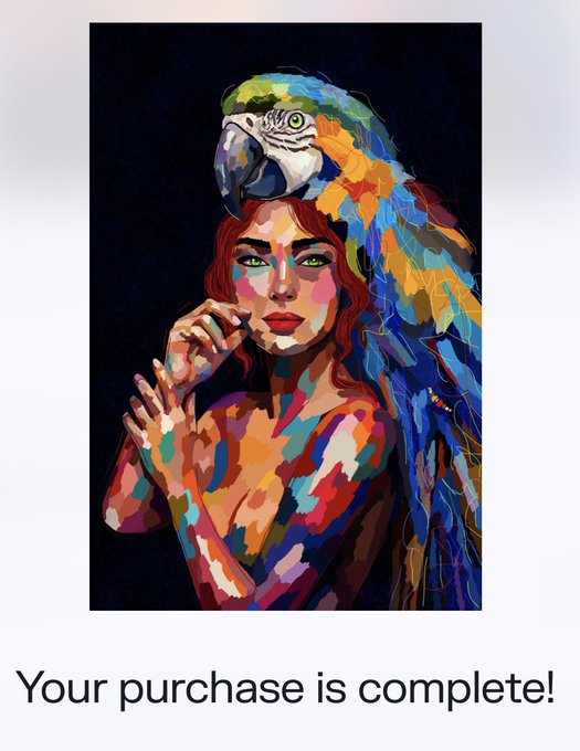 A vibrant, colorful pop-art style painting of a red-haired woman with a blue and gold macaw parrot on her shoulder, displayed above the text 'Your purchase is complete!'.