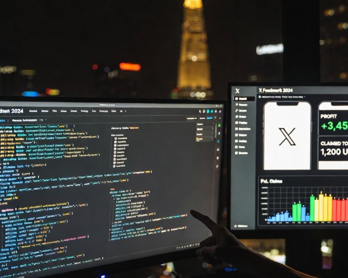 Two computer monitors showing code on the left and an 'X.landmark 2024' dashboard with profit charts on the right, with Tokyo Tower illuminated in the night skyline background.