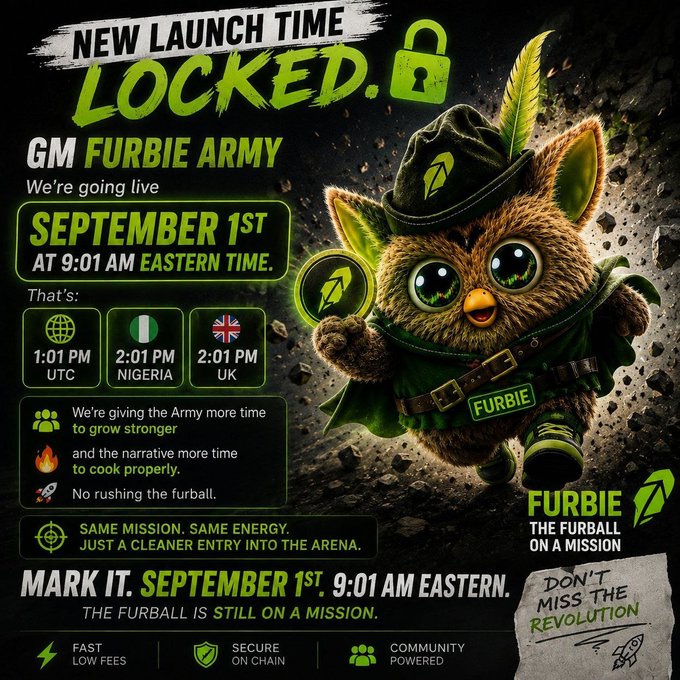 Promotional graphic for "GM FURBIE ARMY" announcing a launch time locked for September 1st at 9:01 AM Eastern, featuring a cartoon Furby character dressed in military-style gear with a feather and grenade.