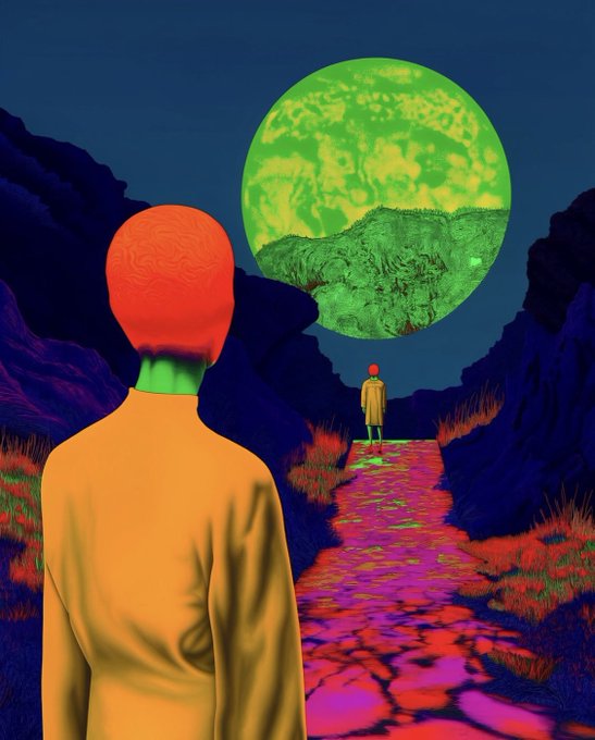 A surreal digital artwork showing a figure in a yellow coat from behind, looking at another figure standing on a pink path under a large green moon in a dark landscape.