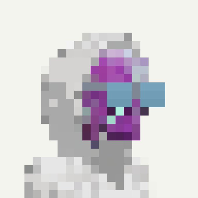 A highly pixelated digital art portrait of a person in profile with purple and blue accents.