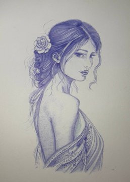 A delicate blue pencil sketch depicts a woman with her hair pulled back, adorned with a flower, wearing a draped off-the-shoulder garment.