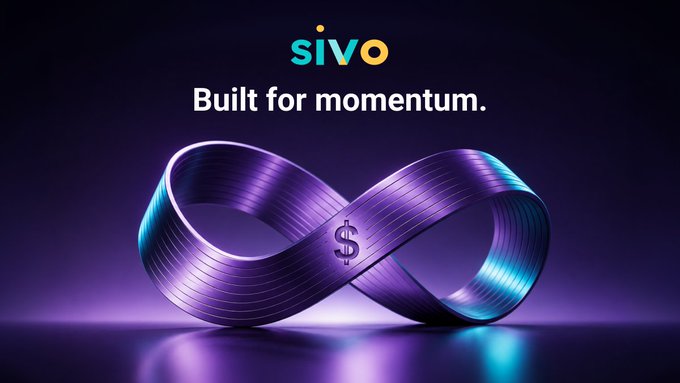 A purple and teal infinity symbol with a dollar sign embedded in it appears on a dark background beneath the "sivo" logo and the tagline "Built for momentum."