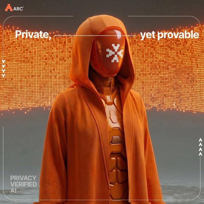 A hooded figure in an orange cloak wears a visor displaying a white star-like symbol, set against a glowing orange digital backdrop with the ARC logo and text reading "Private, yet provable" and "PRIVACY VERIFIED AI."

The image visually reinforces the post's message by portraying an anonymous, cloaked figure—symbolizing concealed or protected data—while the text overlays emphasize ARCTERMINAL's promise of privacy-verified AI compute, aligning with the description of hardware-enforced security in NVIDIA confidential enclaves.