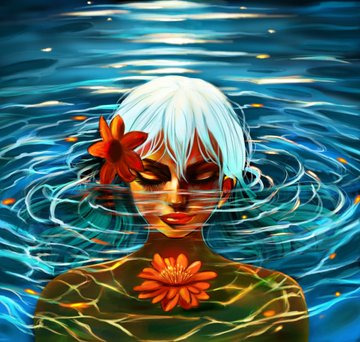 A digital illustration of a woman with closed eyes partially submerged in rippling blue water, with orange flowers in her hair and resting on her chest.