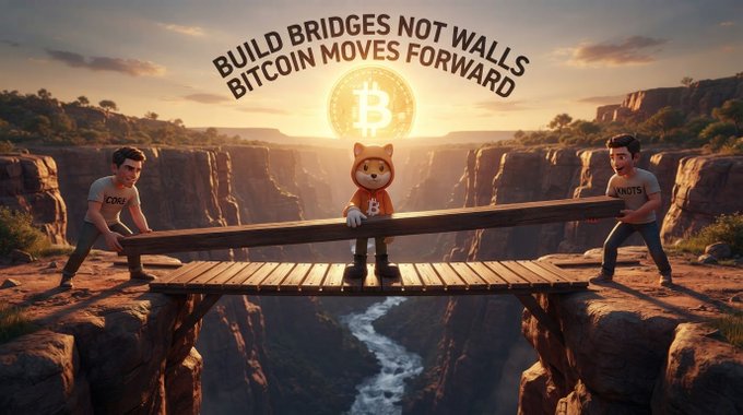 An illustrated graphic features two cartoon men labeled 'BTC' and 'USDT' carrying a wooden plank bridge over a canyon gap, beneath the Bitcoin logo and the text 'BUILD BRIDGES NOT WALLS BITCOIN MOVES FORWARD'.