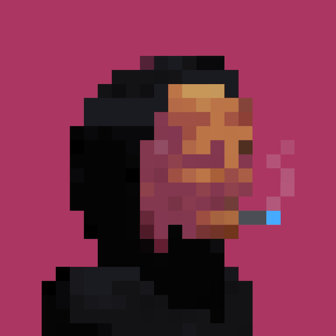 A pixelated portrait of a bearded man smoking a cigarette against a magenta background.