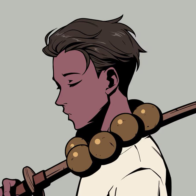 An illustrated profile of a young man with dark hair, eyes closed, carrying a large wooden staff with large brown beads over his shoulder.