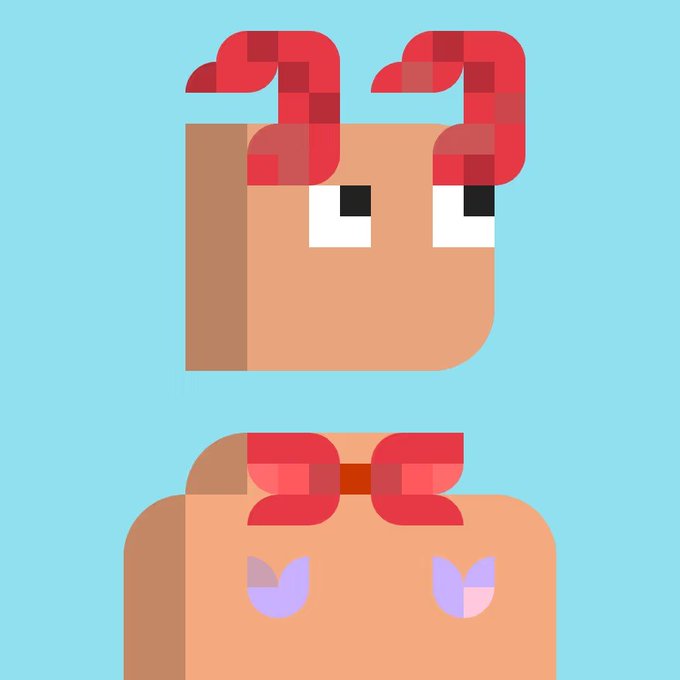 A pixel-art style illustration of a tan character with red curly horns/eyebrows and a matching bow against a solid light blue background.