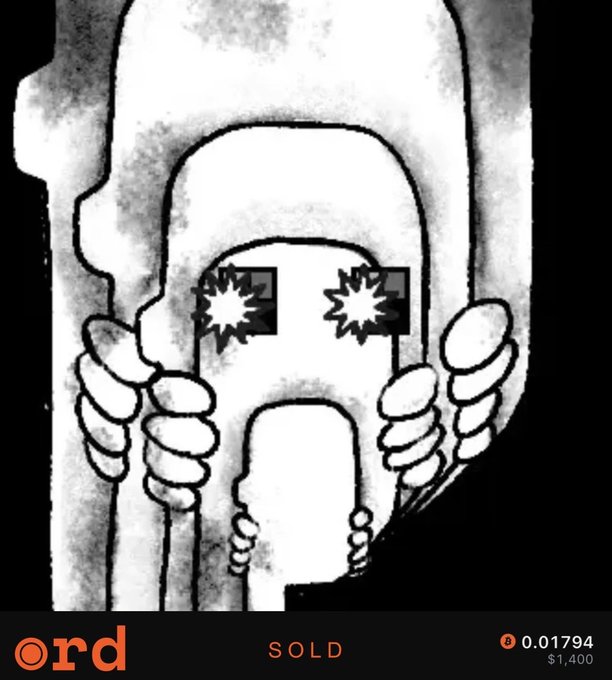 A black-and-white illustrated artwork depicting a stylized figure holding two hands near a central rectangular shape with starburst eye-like motifs, displayed on the Ordinals marketplace with a "SOLD" status, priced at 0.01794 BTC ($1,400), under the ticker "ord."