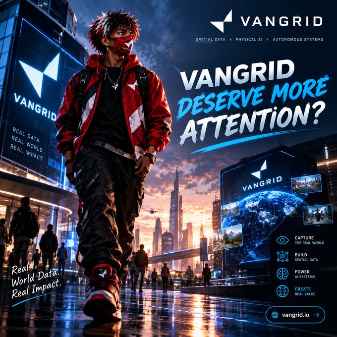 A promotional graphic for 'VANGRID' featuring an anime-style character in red and black streetwear, with the tagline 'VANGRID DESERVE MORE ATTENTION?' and details about 'SPATIAL DATA x PHYSICAL AI x AUTONOMOUS SYSTEMS'.