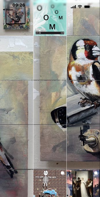 The image shows a square picture frame with an interesting painting of a bird hanging out of it, along with several other pictures inside the frame. The post that accompanied the image provides details about this painting, including information such as "Free" and "is based on this panel by Fabritius". The image appears to be from a gallery or website showcasing various paintings for sale.