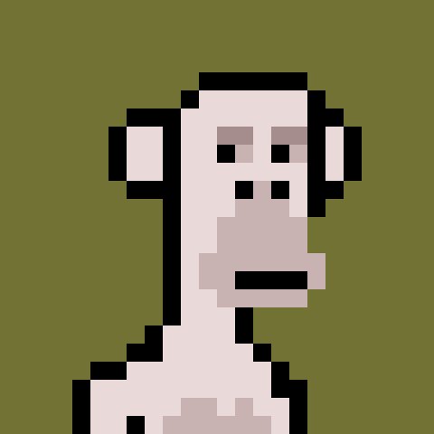 A pixel art image of a character with a bald head, dot eyes, and small ears on an olive green background.
