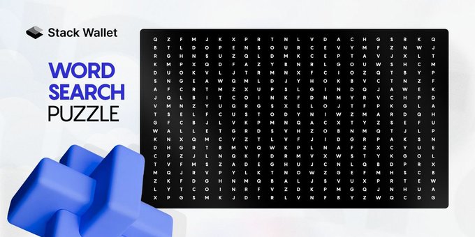 A "Word Search Puzzle" challenge image by Stack Wallet featuring a black grid of letters on the right, alongside the Stack Wallet logo and blue 3D blocks on the left, used to announce winners of a giveaway who each received $10 USD in FIRO.