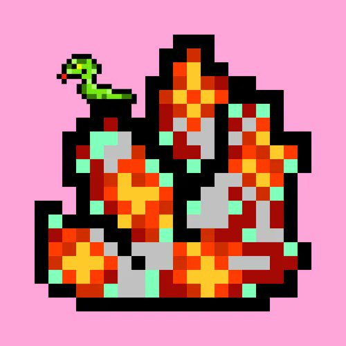 Pixel art of a vibrant snake coiled on a pink background, featuring red, orange, yellow, and green checkered patterns with a small green sprout above it.