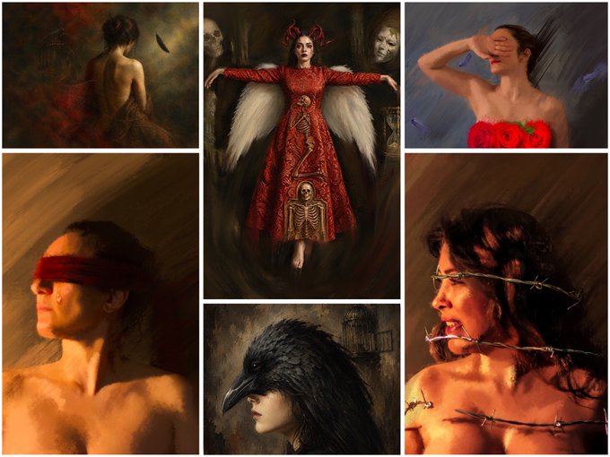A collage of dark, surreal paintings depicting various figures including a woman in red facing a man, a woman covering her eyes, a blindfolded woman, a woman with a crow mask, and a woman with thorns across her mouth.