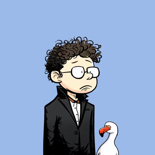 A cartoon-style portrait of a curly-haired person with glasses and a mustache in a black suit standing next to a white bird with a red beak against a blue background.