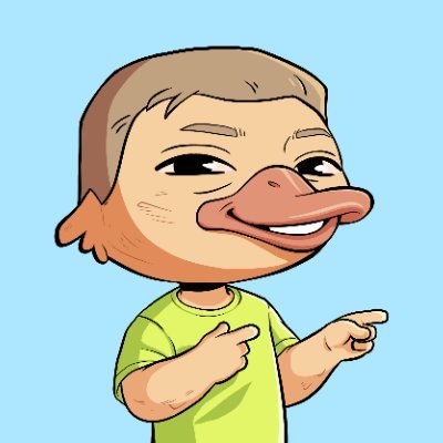 The image features a cartoon character wearing a green shirt and a duck mask over his face. The character appears to be pointing at something or making a gesture with his hand while smiling. The background of the image is blue, which contrasts nicely with the cartoon character's attire. There are no other objects in the image besides the cartoon character and the blue background.