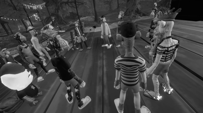 A black-and-white virtual/metaverse scene showing avatars gathered on a wooden platform in what appears to be a digital park or town setting.